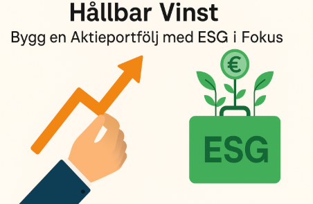 Infografik med texten "Hållbar Vinst – Bygg en Aktieportfölj med ESG i Fokus", visar ett växande stapeldiagram och en portfölj fylld med mynt och ESG-symbol.