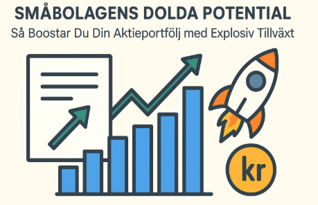 Minimalistisk infographic som visar småbolagsinvesteringar med en växande stapeldiagram, raket och pengar.