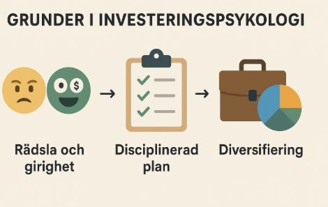 Minimalistisk infografik på svenska som visar tre steg för att investera framgångsrikt: hantera känslor (rädsla och girighet), skapa en investeringsplan, och diversifiera portföljen. Enkel grafik med ikoner för huvud, kalender och korg med färgglada bollar på beige bakgrund.