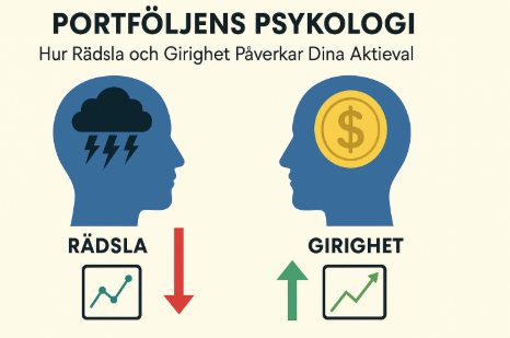 Infografik om portföljens psykologi som visar hur rädsla och girighet påverkar aktieval med två silhuetter – en med åskmoln och en med guldmynt.