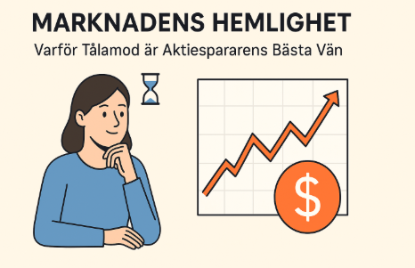 Minimalistisk illustration som visar en kvinnlig investerare med ett stigande aktiediagram och ett timglas, med texten "Marknadens Hemlighet: Varför Tålamod är Aktiespararens Bästa Vän".