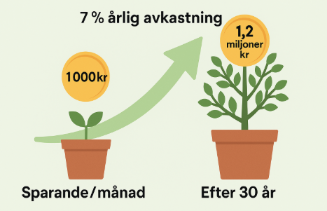 1000 kr i månaden växer till 1,2 miljoner kr på 30 år med 7 % årlig avkastning – enkel visuell guide till långsiktigt aktiesparande