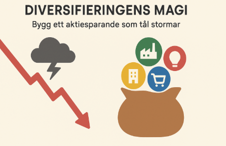 Infografik som visar hur diversifiering skyddar mot börsnedgångar, med en portfölj fylld av olika sektorer och en nedåtgående pil med åskmoln.