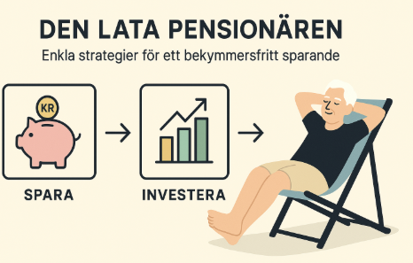Minimalistisk illustration med texten "Den Lata Pensionären – Enkla strategier för ett bekymmersfritt sparande", visar en äldre man som slappnar av i en solstol samt ikoner för spara, investera och kapitaluppbyggnad.
