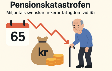 Pensionskatastrofen: Så undviker du fattigdom vid 65 1 Samuelssons Rapport Äldre svensk med käpp framför nedåtgående röd graf och pengar – symboliserar pensionskris vid 65 års ålder.