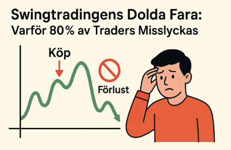 Infografik som visar en bekymrad trader, en nedåtgående graf med markeringar för "Köp", "Sälj" och "Förlust" samt rubriken "Swingtradingens Dolda Fara: Varför 80% av Traders Misslyckas".