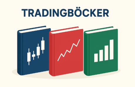 Tre minimalistiska böcker om trading i olika färger med rubriken "TRADINGBÖCKER" ovanför på en ljus bakgrund.