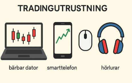 Minimalistisk illustration som visar viktig tradingutrustning: bärbar dator med candlestick-diagram, smartphone med uppåtgående graf, datormus och hörlurar.