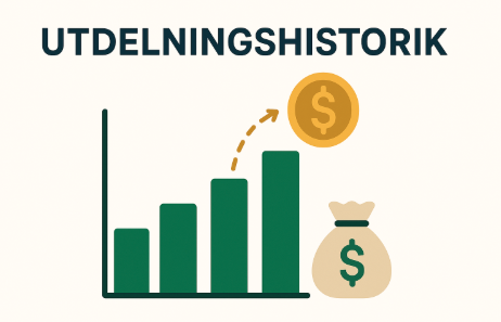 Minimalistisk illustration av utdelningshistorik med stigande stapeldiagram och symbol för pengar.