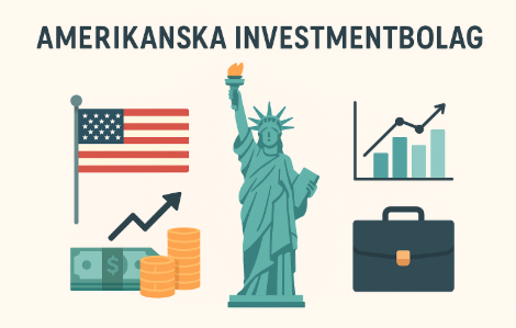 Amerikanska investmentbolag (USA:s Största Investmentbolag) 1 Samuelssons Rapport Minimalist illustration med frihetsgudinnan, amerikansk flagga, pengar, portfölj och grafer, med texten "Amerikanska Investmentbolag".