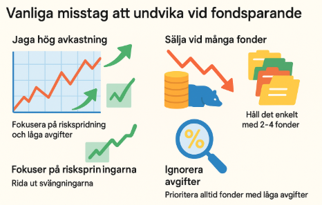 Långsiktiga fonder 2025: Din guide till att bygga välstånd med smart fondsparande 3 Samuelssons Rapport Minimalistisk svensk infographic som visar vanliga misstag vid fondsparande: jaga hög avkastning, sälja vid fel tidpunkt, välja för många fonder och ignorera avgifter.