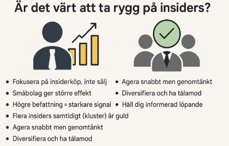 Är det lönsamt att följa insiderköp? 5 Samuelssons Rapport Infografik på svenska som förklarar om det är värt att ta rygg på insiders, med sju konkreta punkter och enkla ikoner i färg.