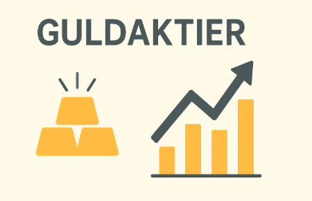 Illustration som visar texten "Guldaktier" med guldtackor och en stigande aktiegraf i minimalistisk stil.