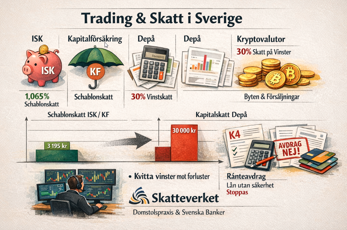 Infografik på svenska om trading och skatt i Sverige. Den visar olika kontoformer som ISK, kapitalförsäkring och depå, samt beskattning av kryptovalutor och skillnaden mellan schablonskatt och vinstskatt.