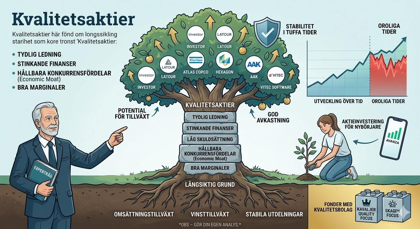 En infografisk illustration formad som ett stort, starkt träd märkt "Kvalitetsaktier". Trädets stam är byggd av stenblock med texter som "Tydlig ledning", "Starka finanser", "Låg skuldsättning" och "Konkurrensfördelar". Rötterna går djupt ner i marken och står för "Omsättningstillväxt", "Vinsttillväxt" och "Stabila utdelningar". Trädkronan är grön och frodig, med uppåtriktade pilar för "Potential för tillväxt" och badges med företagsnamn som "Investor", "Atlas Copco" och "Vitec". En skyddande sköld över kronan visar "Stabilitet i tuffa tider". Till vänster pekar en expert i kostym på trädet, och till höger planterar en ung kvinna en liten planta. Bakgrunden visar en graf med en långsiktigt stigande trend.