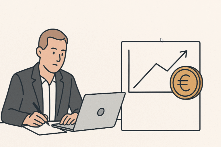 En illustration av en investerare som arbetar vid en dator bredvid en graf som visar positiv tillväxt och ett guldmynt, vilket symboliserar analys och investering i preferensaktier.