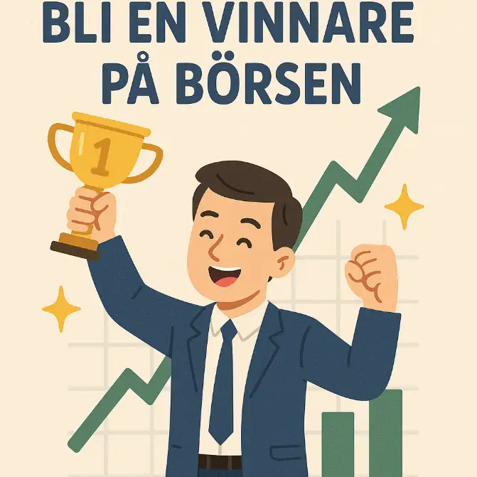 Bli en vinnare på börsen, investera på börsen för att bygga långsiktig förmögenhet, framgångsrik aktiehandel, man med pokal och stigande aktiegraf.