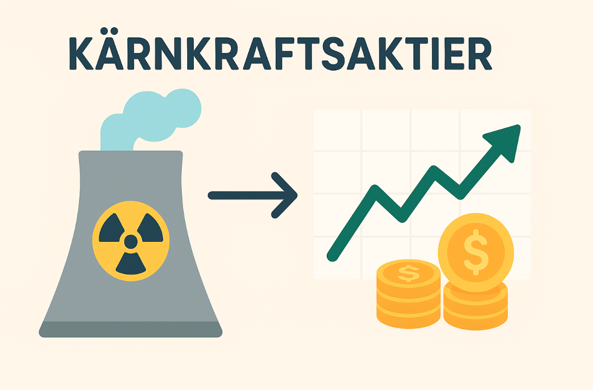 Grafisk bild med kärnkraftverk, rök och en pil som pekar mot stigande aktiegraf och gulddollar – symboliserar investering i kärnkraftsaktier.