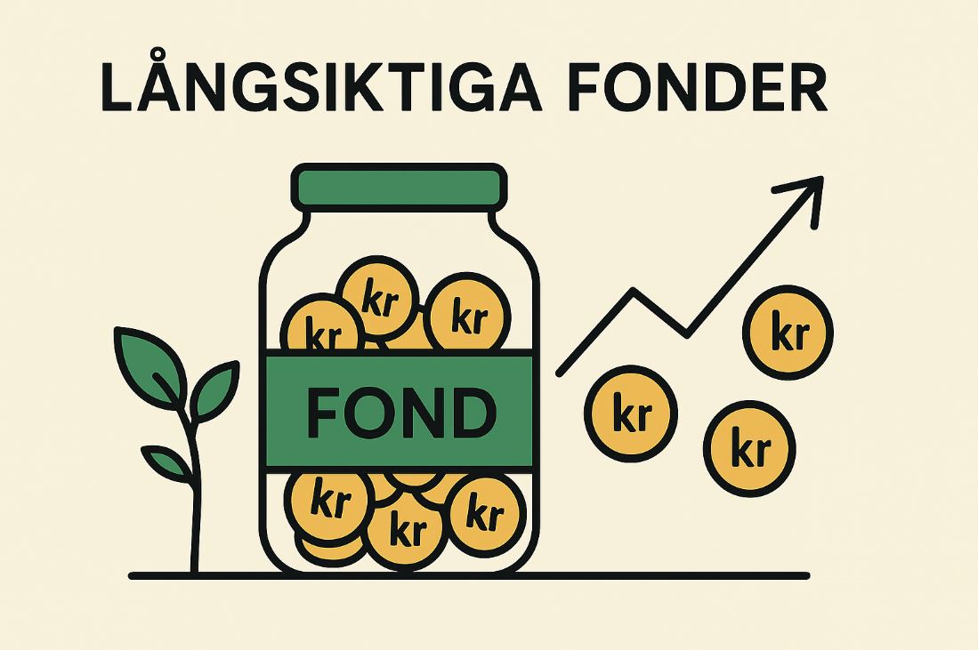 Minimalistisk illustration som visar långsiktiga fonder med en burk fylld med kronmynt, en växande planta och en uppåtgående graf på ljus bakgrund.