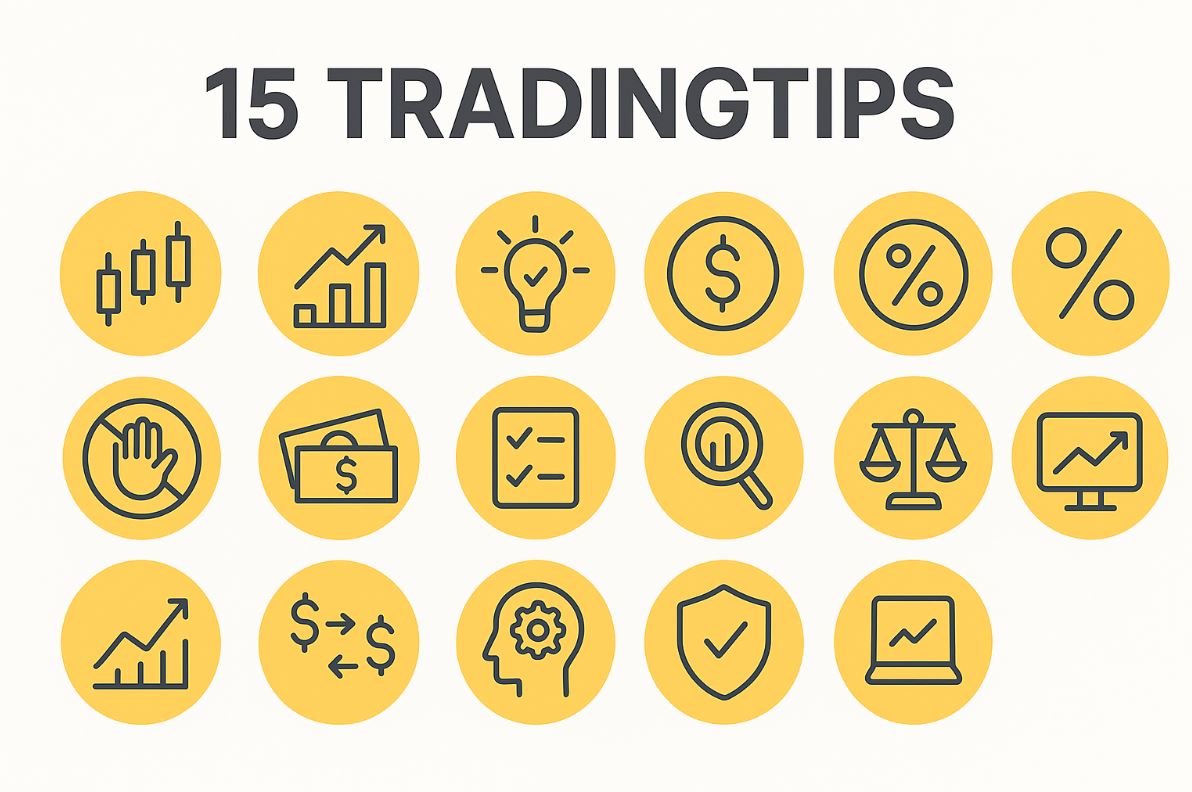 Minimalist grafisk bild med rubriken "15 tradingtips" och 15 ikoner som symboliserar olika aspekter av trading, organiserade i tre rader med gul bakgrund.