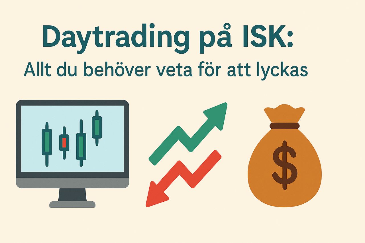 Dina Pengar 254 Samuelssons Rapport Minimalistisk bild som förklarar daytrading på ISK med rubrik, candlestick-diagram och pengar.