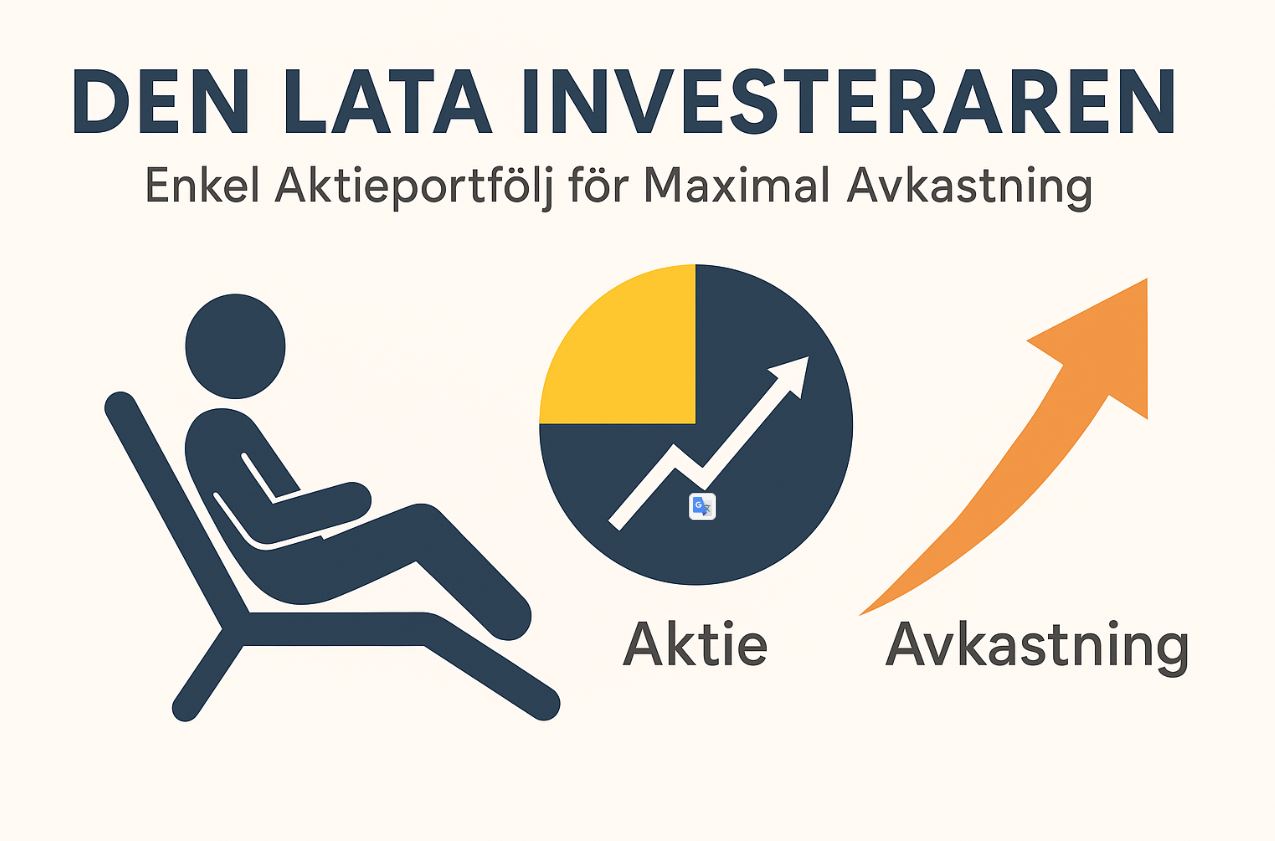 Minimalistisk infographic som visar en person som lutar sig tillbaka, med ikoner för aktie och stigande avkastning under rubriken "Den Lata Investeraren: Enkel Aktieportfölj för Maximal Avkastning".