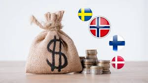 Nordiska aktier – 25 populära | Nordisk aktie 2026 1 Samuelssons Rapport En illustration som visar populära nordiska aktier med flaggor för Sverige, Norge, Finland och Danmark bredvid en pengasäck och staplar med mynt, vilket symboliserar investeringar i Norden.