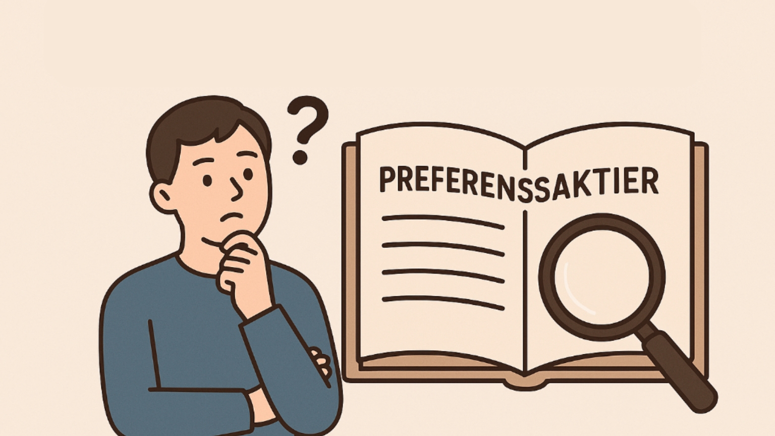 Preferensaktier, är de svåra att sälja, risker, utdelning, hur preffar fungerar, illustration av en person som funderar framför en bok om preferensaktier.