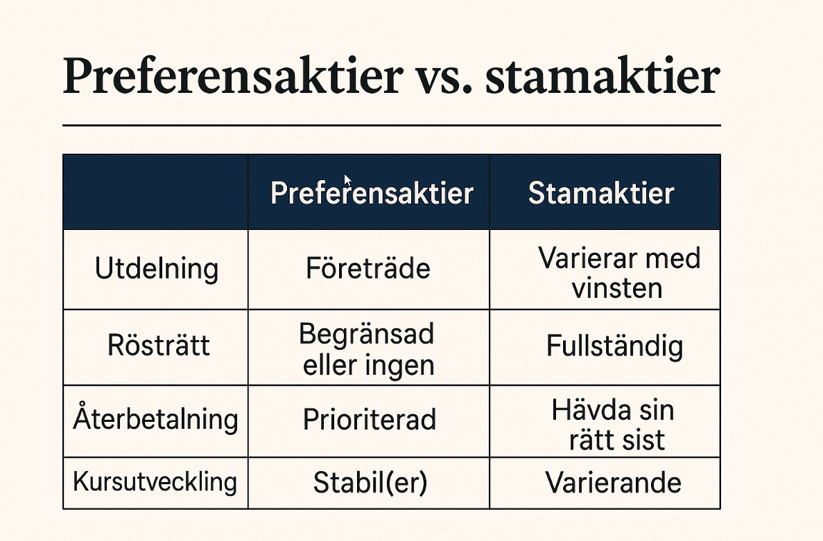 En jämförelsetabell mellan preferensaktier och stamaktier som visar skillnader i utdelning, rösträtt, återbetalning och kursutveckling.