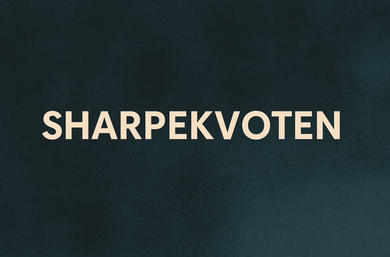 Dina Pengar 232 Samuelssons Rapport Mörk bakgrund med ordet "SHARPEKVOTEN" i stora, ljusa versaler centrerat i bilden.