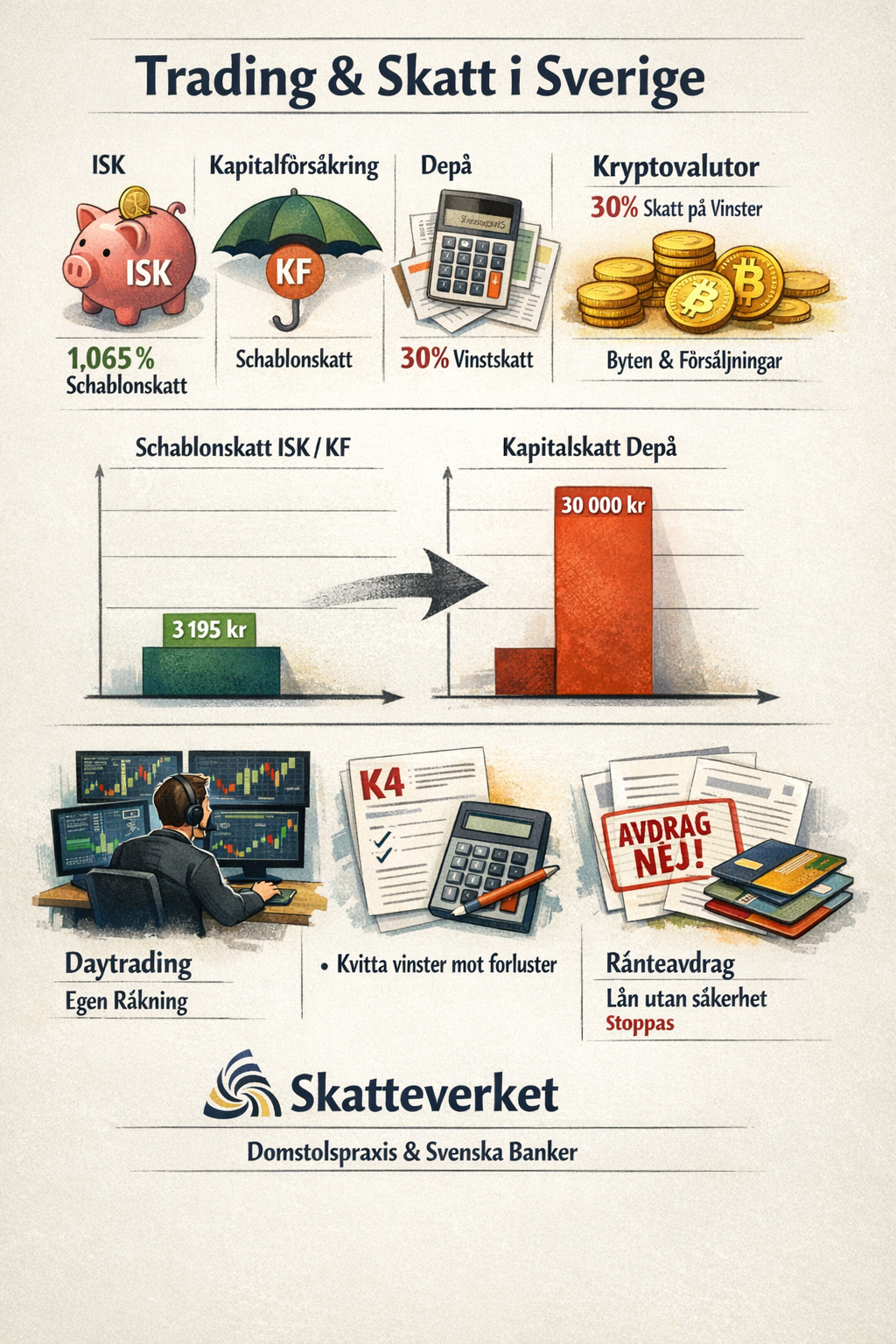 Infografik med titeln "Trading & Skatt i Sverige" som jämför skatteregler för ISK, kapitalförsäkring, depåkonto och kryptovalutor. Inkluderar illustrationer av spargrisar, grafer och en person som daytradear.