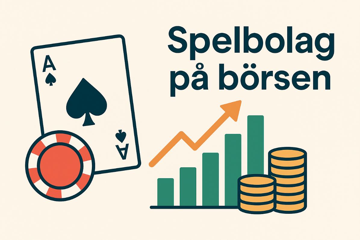 Spelbolag på börsen illustrerat med ett ess, marker, stapeldiagram och mynt på en ljus bakgrund.