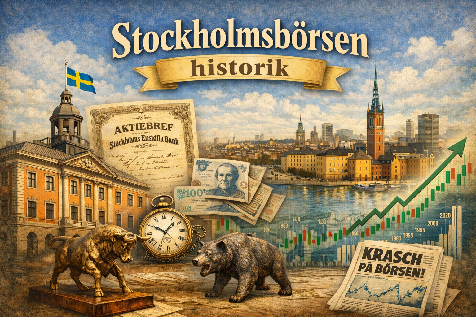 Stockholmsbörsens historik illustrerad med börshuset i Stockholm, tjur och björn, gamla aktiebrev, svenska sedlar och ett börsdiagram som visar långsiktig utveckling och börskrascher.