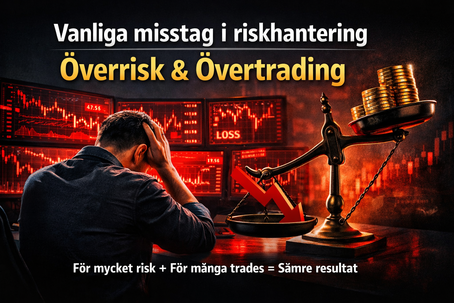 Trader framför flera skärmar med röda kursgrafer som visar överrisk och övertrading i trading