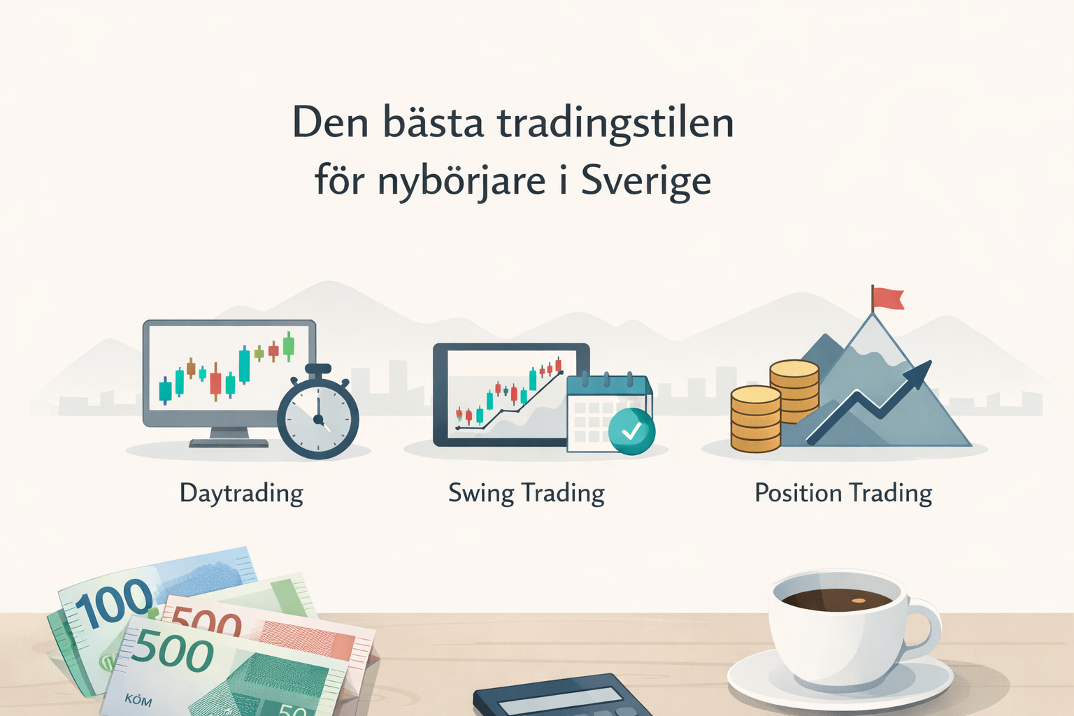 minimalistisk illustration som visar daytrading swing trading och position trading för nybörjare i Sverige